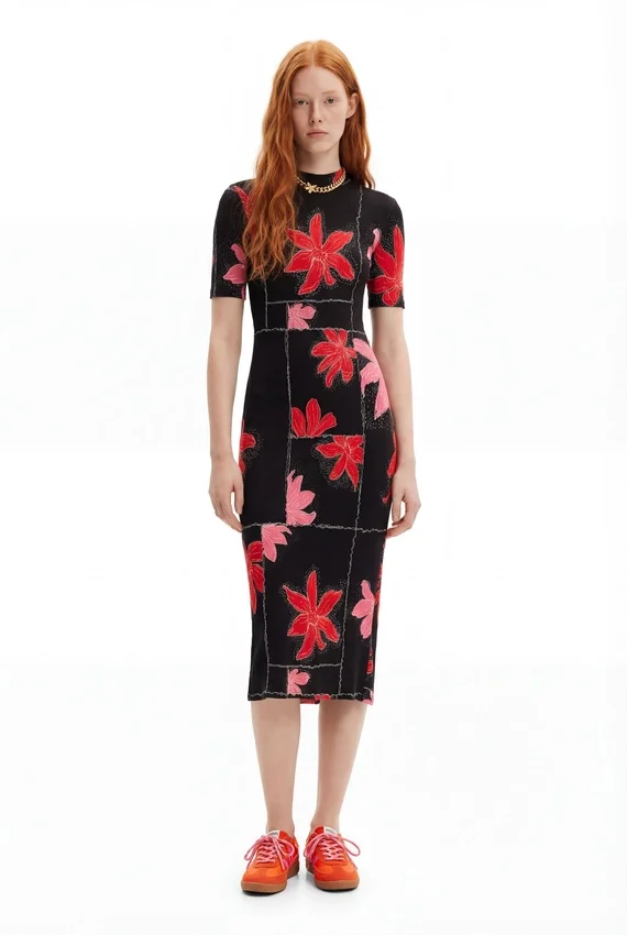 Geripptes Midi-Kleid mit Blumenmuster Geripptes Midi-Kleid mit Blumenmuster