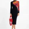 Geripptes Midi-Kleid mit Blumenmuster Geripptes Midi-Kleid mit Blumenmuster