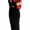 Geripptes Midi-Kleid mit Blumenmuster Geripptes Midi-Kleid mit Blumenmuster