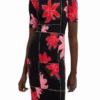 Geripptes Midi-Kleid mit Blumenmuster Geripptes Midi-Kleid mit Blumenmuster