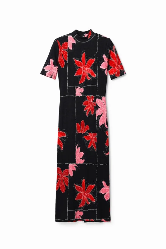 Geripptes Midi-Kleid mit Blumenmuster Geripptes Midi-Kleid mit Blumenmuster