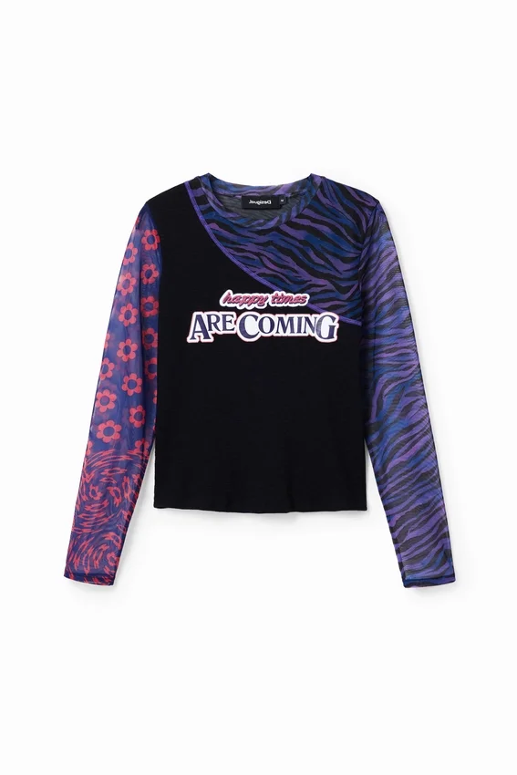 Patchwork-Tüll-T-Shirt mit Aufdruck Patchwork-Tüll-T-Shirt mit Aufdruck