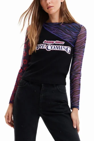 Patchwork-Tüll-T-Shirt mit Aufdruck Patchwork-Tüll-T-Shirt mit Aufdruck