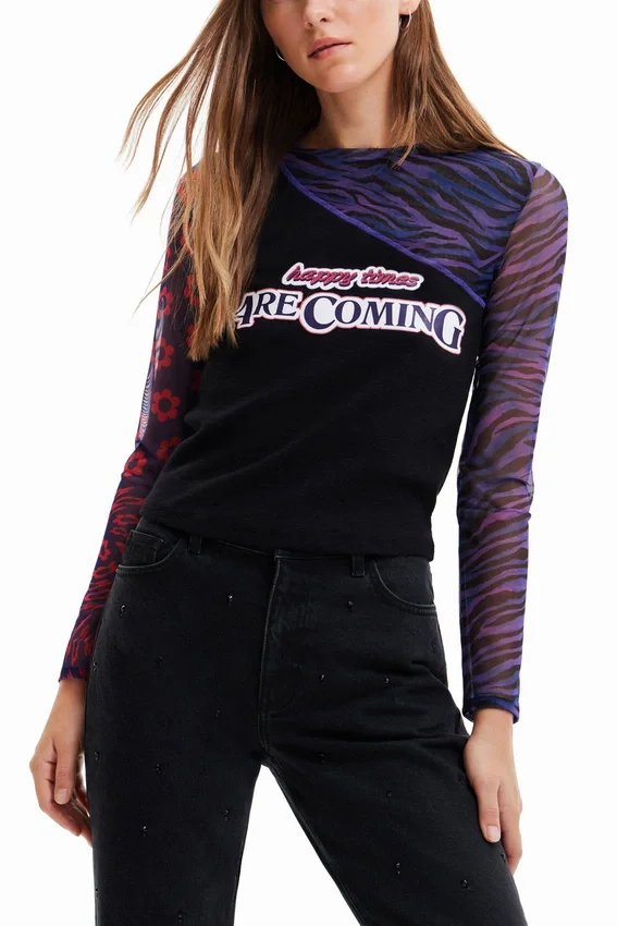 Patchwork-Tüll-T-Shirt mit Aufdruck Patchwork-Tüll-T-Shirt mit Aufdruck