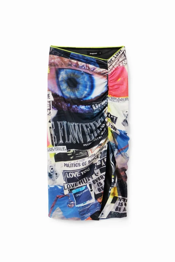 Schmaler, geraffter Midi-Rock mit Collagen-Print Schmaler, geraffter Midi-Rock mit Collagen-Print