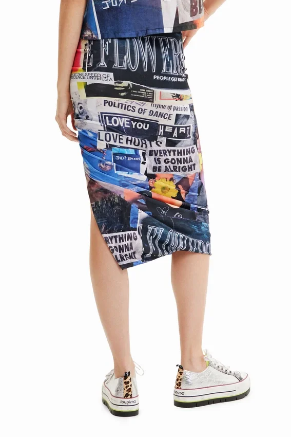 Schmaler, geraffter Midi-Rock mit Collagen-Print Schmaler, geraffter Midi-Rock mit Collagen-Print
