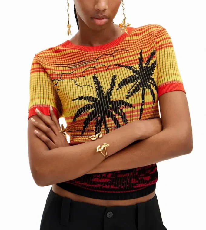 Strick-T-Shirt mit Palmenmotiv Strick-T-Shirt mit Palmenmotiv